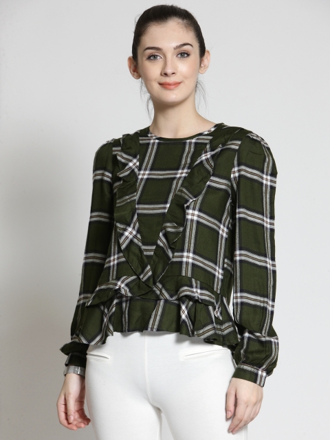 

plusS Women Olive Green Checked Peplum Top