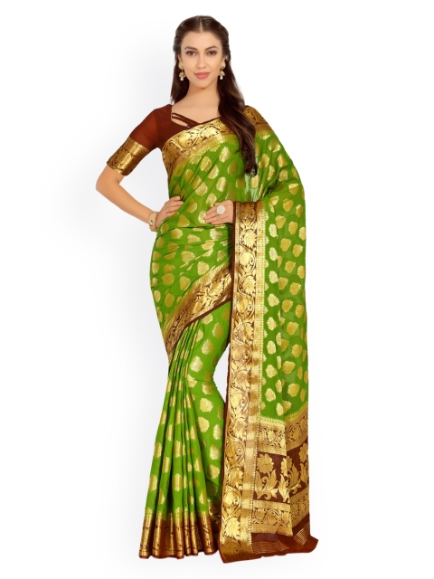 

MIMOSA Olive Green & Brown Poly Chiffon Woven Design Kanjeevaram Saree
