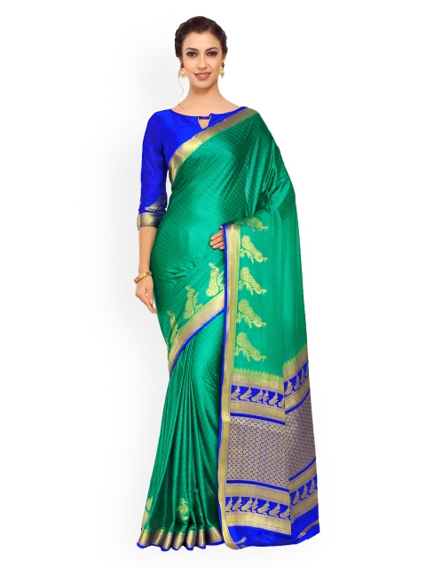 

MIMOSA Green & Blue Poly Crepe Woven Design Kanjeevaram Saree