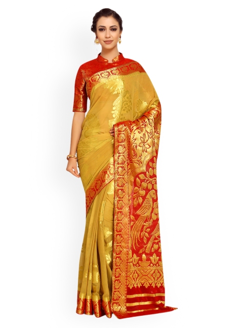 

MIMOSA Yellow & Red Poly Chiffon Woven Design Kanjeevaram Saree