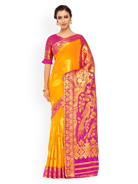 

MIMOSA Yellow & Gold-Toned Poly Chiffon Woven Design Kanjeevaram Saree