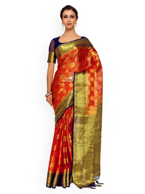 

MIMOSA Red & Navy Blue Organza Checked Kanjeevaram Saree