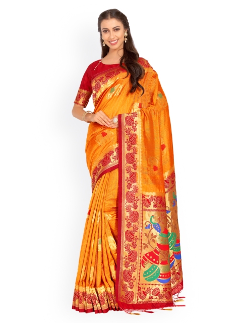

MIMOSA Mustard-Coloured & Red Art Silk Woven Design Kanjeevaram Saree