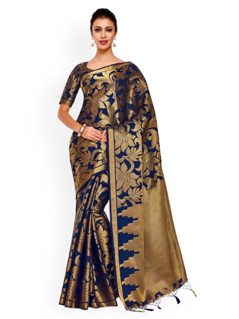 

MIMOSA Navy Blue & Gold-Toned Art Silk Woven Design Kanjeevaram Saree