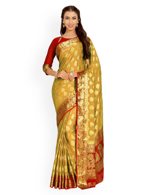 

MIMOSA Beige & Red Poly Chiffon Woven Design Kanjeevaram Saree
