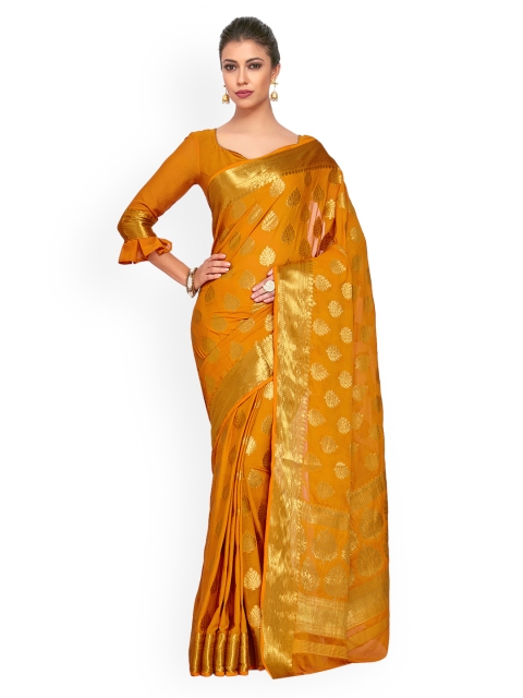 

MIMOSA Mustard & Gold-Toned Poly Chiffon Woven Design Kanjeevaram Saree