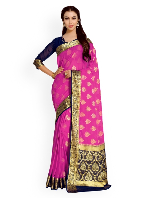 

MIMOSA Pink & Navy Blue Poly Chiffon Woven Design Kanjeevaram Saree