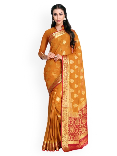 

MIMOSA Mustard & Red Poly Chiffon Woven Design Kanjeevaram Saree