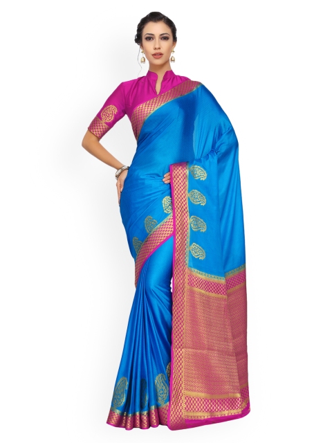 

MIMOSA Blue & Pink Poly Crepe Woven Design Kanjeevaram Saree