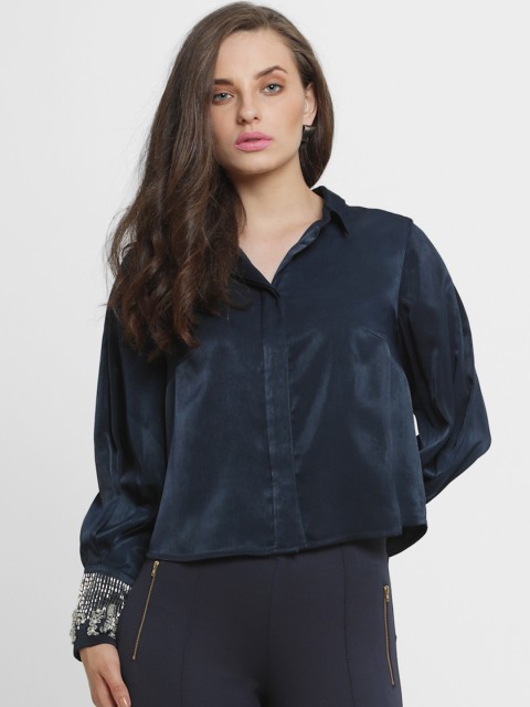 

Kazo Women Navy Blue Regular Fit Solid Party Shirt