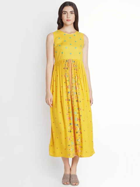 

AKKRITI BY PANTALOONS Women Mustard Printed Fit and Flare Dress