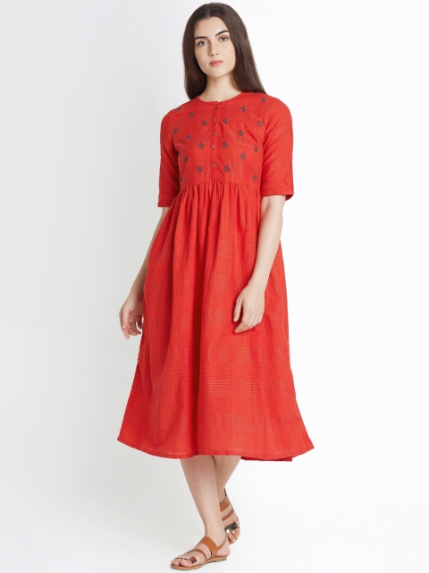 

AKKRITI BY PANTALOONS Women Red Checked Fit and Flare Dress