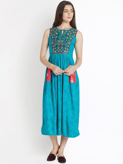 

AKKRITI BY PANTALOONS Women Blue Embroidered Fit and Flare Dress