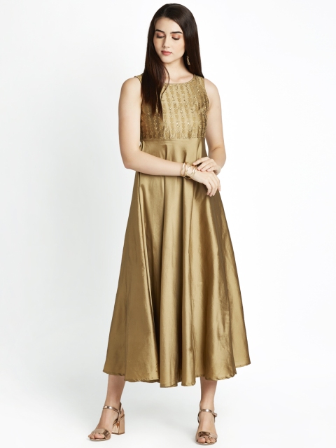 

TRISHAA BY PANTALOONS Women Gold-Toned Solid Embroidered Fit and Flare Dress
