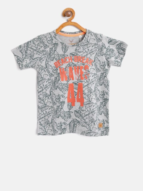 

Allen Solly Junior Boys Grey Melange & Green Printed Round Neck T-shirt
