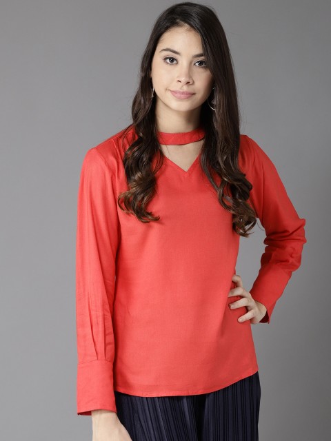 

Moda Rapido Women Coral Red Solid Top
