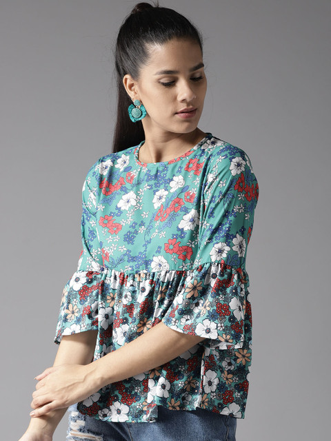 

Moda Rapido Women Green & White Printed A-Line Top