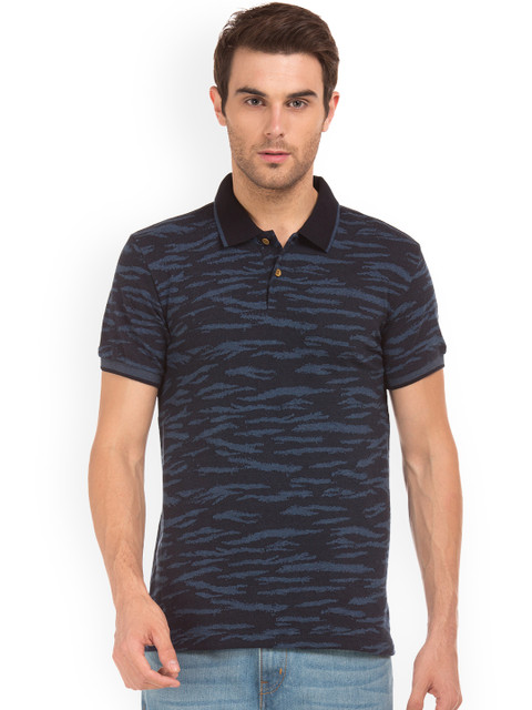 

IZOD Men Navy Blue Striped Polo Collar T-shirt