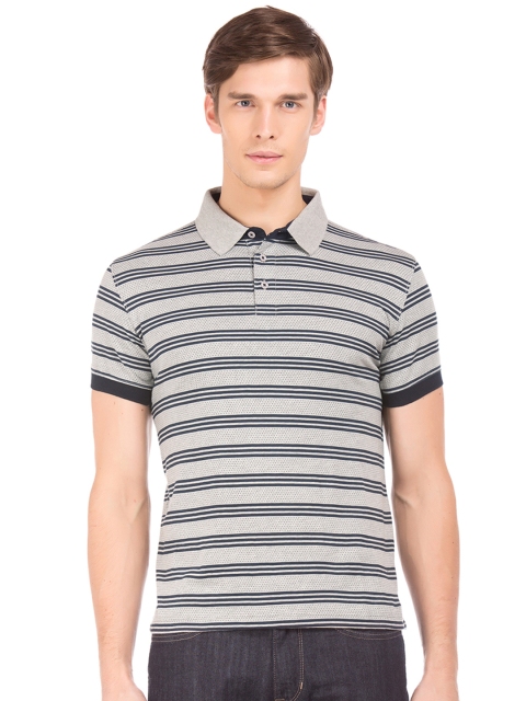 

IZOD Men Grey Melange Striped Polo Collar T-shirt