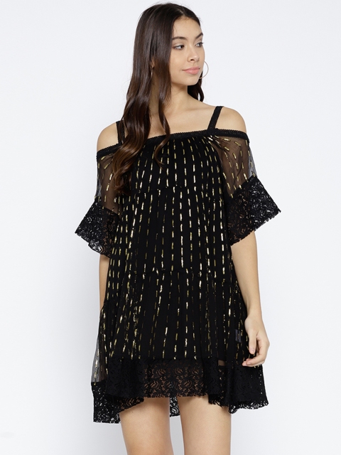 

I AM FOR YOU Women Black Self Design Semi-Sheer A-Line Dress