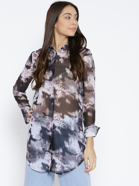 

I AM FOR YOU Women Grey & Off-White Printed Sheer Longline Shirt