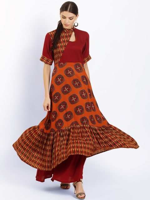 

Ives Women Orange & Maroon Printed Anarkali Kurta