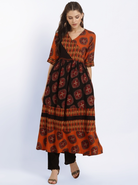 

Ives Women Black & Orange Printed Anarkali Kurta