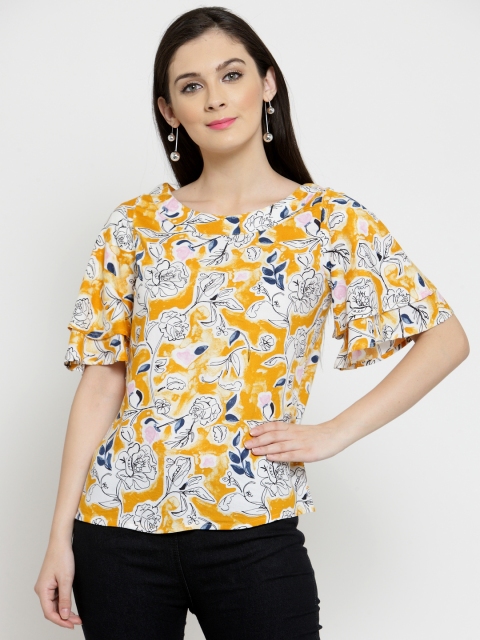 

Latin Quarters Women Mustard Floral Print A-Line Top