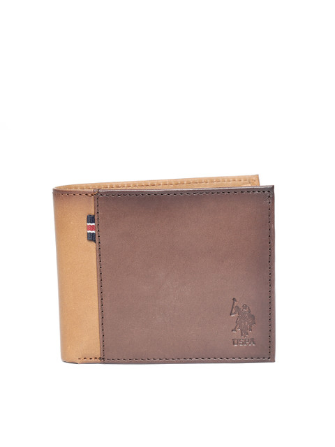 

U.S. Polo Assn. Men Brown & Tan Brown Leather Colourblocked Two Fold Wallet