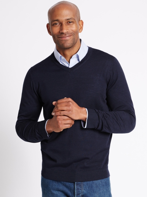 

Marks & Spencer Men Navy Blue Solid Pullover