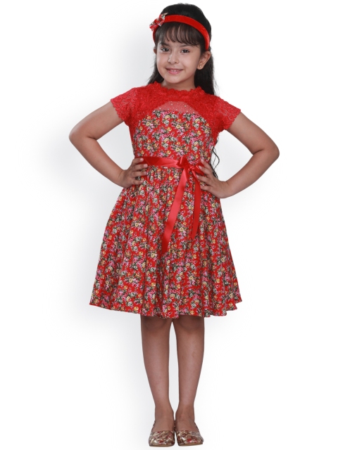 

CUTECUMBER Girls Red Printed Fit and Flare Dress