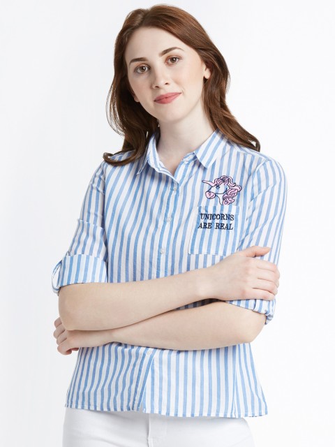 

Honey by Pantaloons Women Blue & White Regular Fit Striped Casual Shirt
