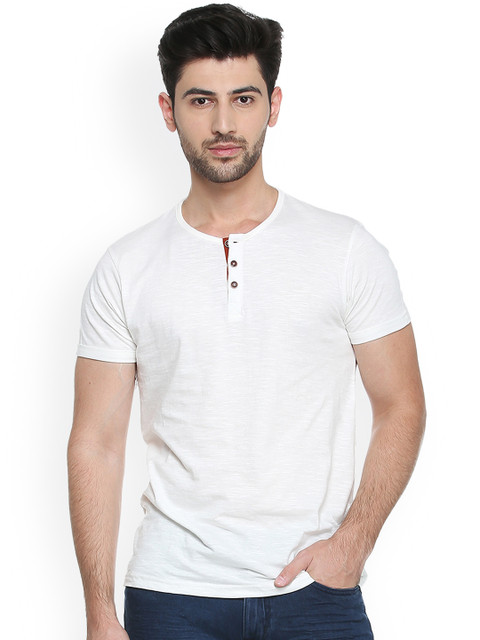 

People Men White Solid Henley Neck T-shirt