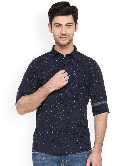 

People Men Navy Blue Regular Fit Printed Casual Shirt