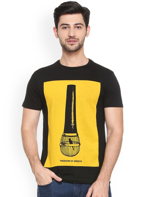 

People Men Black & Yellow Printed Round Neck T-shirt