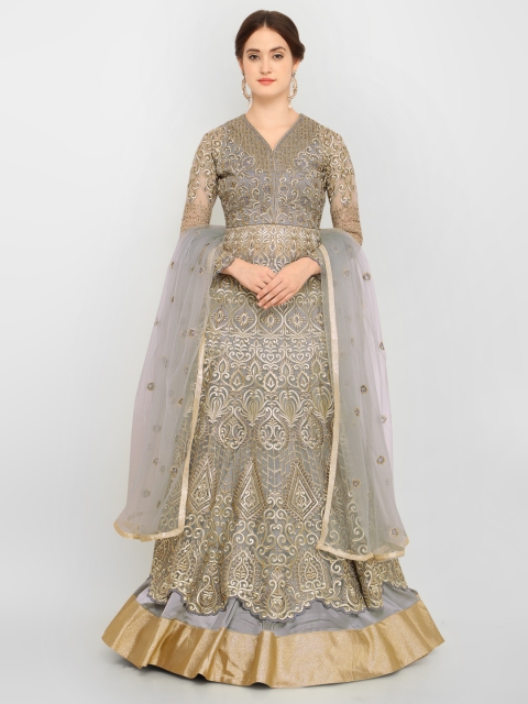 

Stylee LIFESTYLE Grey & Beige Net Semi-Stitched Dress Material