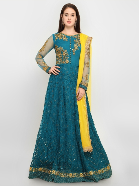 

Stylee LIFESTYLE Turquoise Blue & Yellow Net Semi-Stitched Dress Material