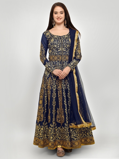 

Stylee LIFESTYLE Navy Blue & Beige Raw Silk Semi-Stitched Dress Material