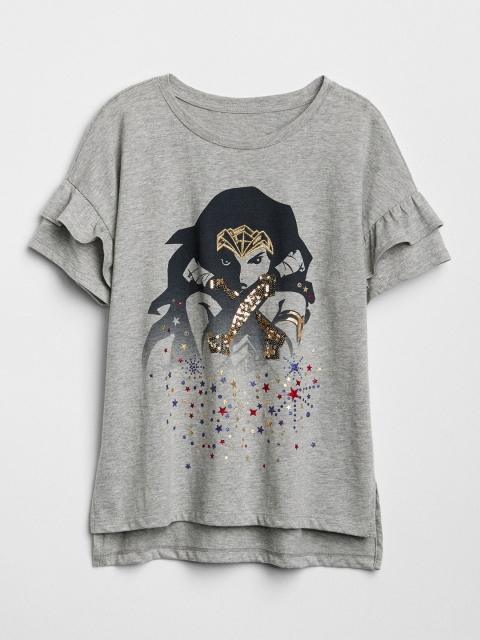 

GAP Girls Grey Wonder Woman Printed Round Neck Pure Cotton T-shirt