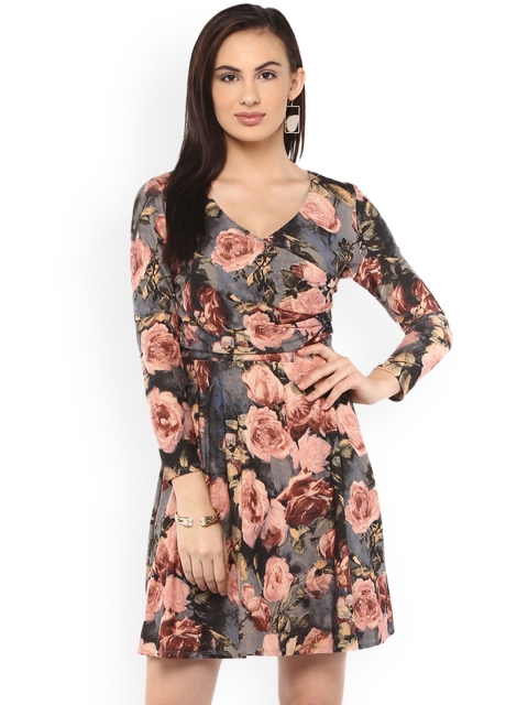 

Kazo Women Grey & Peach-Coloured Printed Fit and Flare Dress