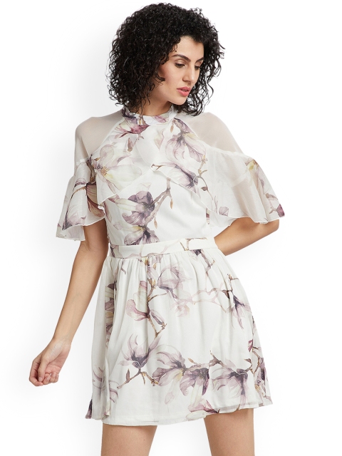 

Kazo Women White Printed Fit and Flare Dress