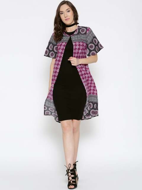 

Sera Black & Pink Printed Open Front Shrug