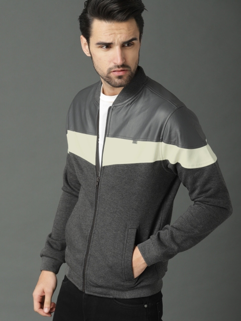 

Roadster Men Grey Melange Colourblocked Bomber Jacket