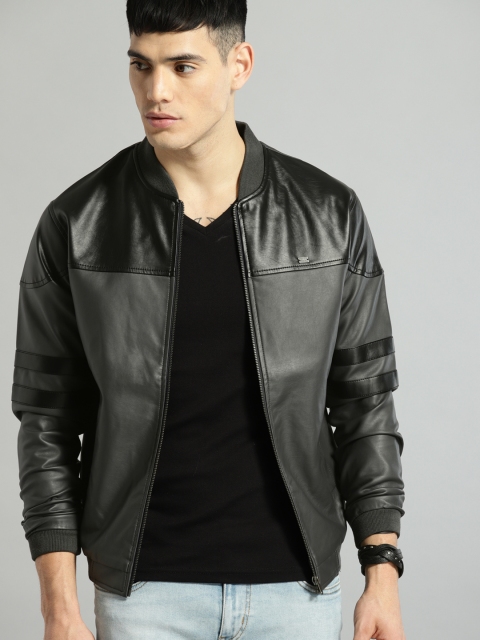 

Roadster Men Grey & Black Solid Bomber
