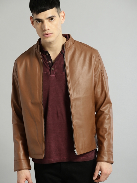 

Roadster Men Tan Solid Leather Jacket