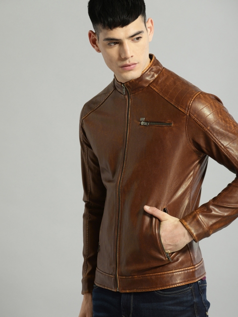 

Roadster Men Brown Solid Biker Jacket