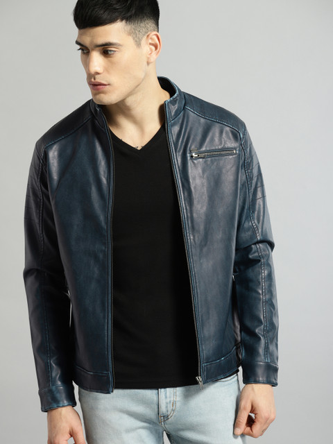 

Roadster Men Navy Blue Solid Biker Jacket