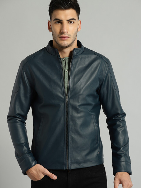

Roadster Men Navy Blue Solid Biker Jacket