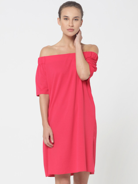 

ONLY Women Pink Solid Off-shoulder A-Line Dress