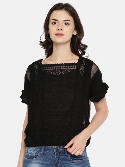 

ONLY Women Black Self Design Sheer Blouson Pure Cotton Top